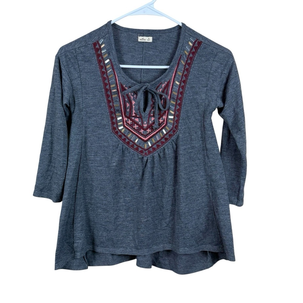 Hollister Women's Top Tunic Size XS Aztec Embroidered Embellished 3/4 Sleeve
